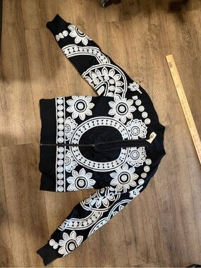 Black Bomber Jacket with White Floral Embroidery